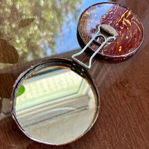 Vintage Metal Compact Mirror with Marbled Lid – 3.25”  Folding Vanity Mirror